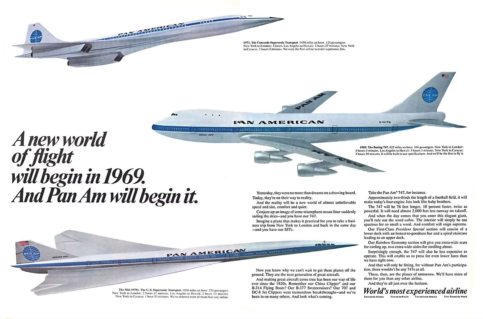 Pan Am advertisement featuring illustrations of a Boeing 747 and Concorde jets with promotional text about the airline’s new aircraft and services beginning in 1969.