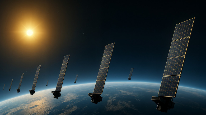 A fleet of Starlink satellites in orbit around the Earth.