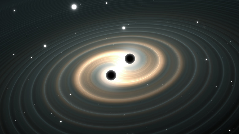 Illustration of two black holes orbiting each other