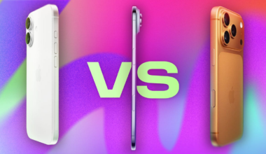 An iPhone 17, iPhone Air, and iPhone 17 Pro lined up against a colored background with "vs" between them.