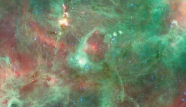 Swirls of green and red gas surrounded a bright white light in the middle of the image