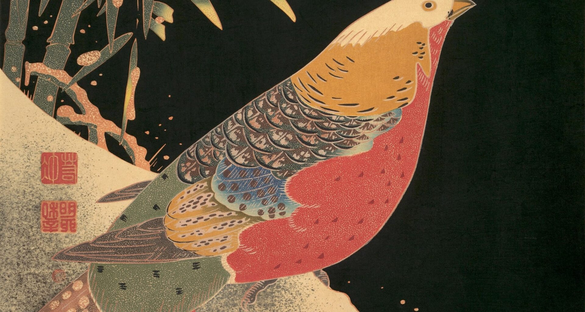 a woodblock print of a colorful bird in the snow