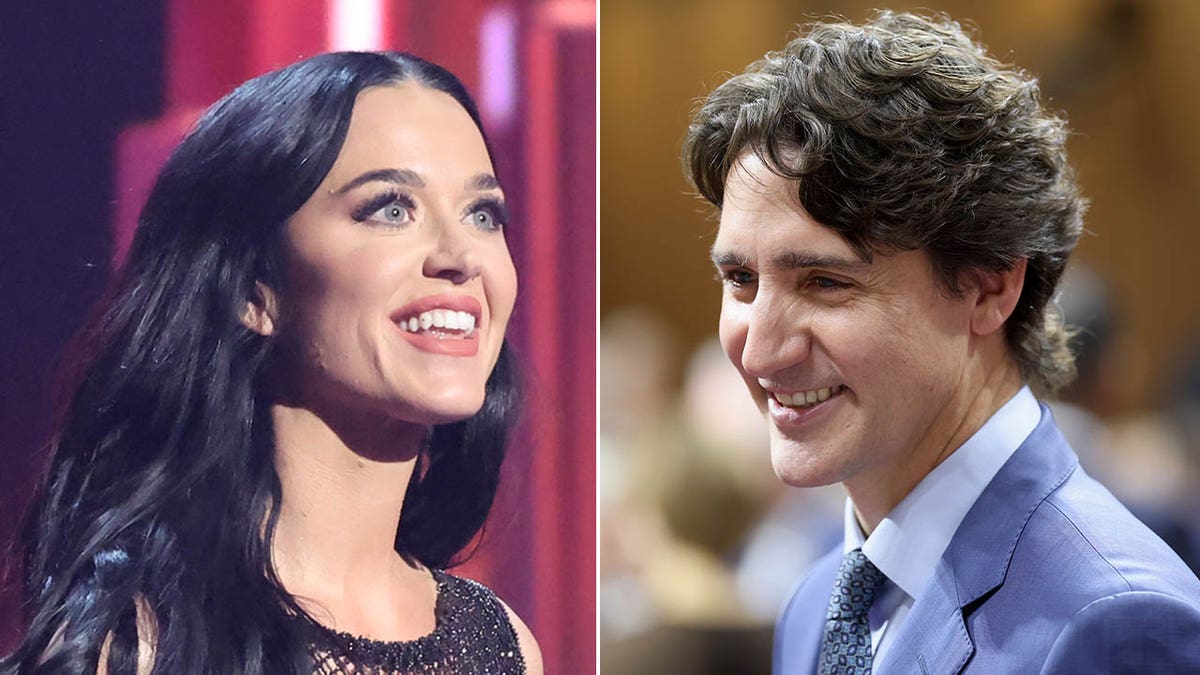 A split of Katy Perry and Justin Trudeau smiling. 