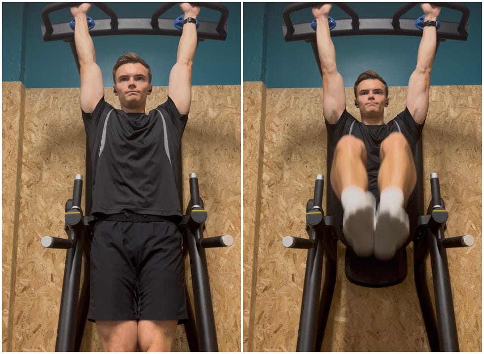 man performs hanging knee raise movement as part of daniel craig workout