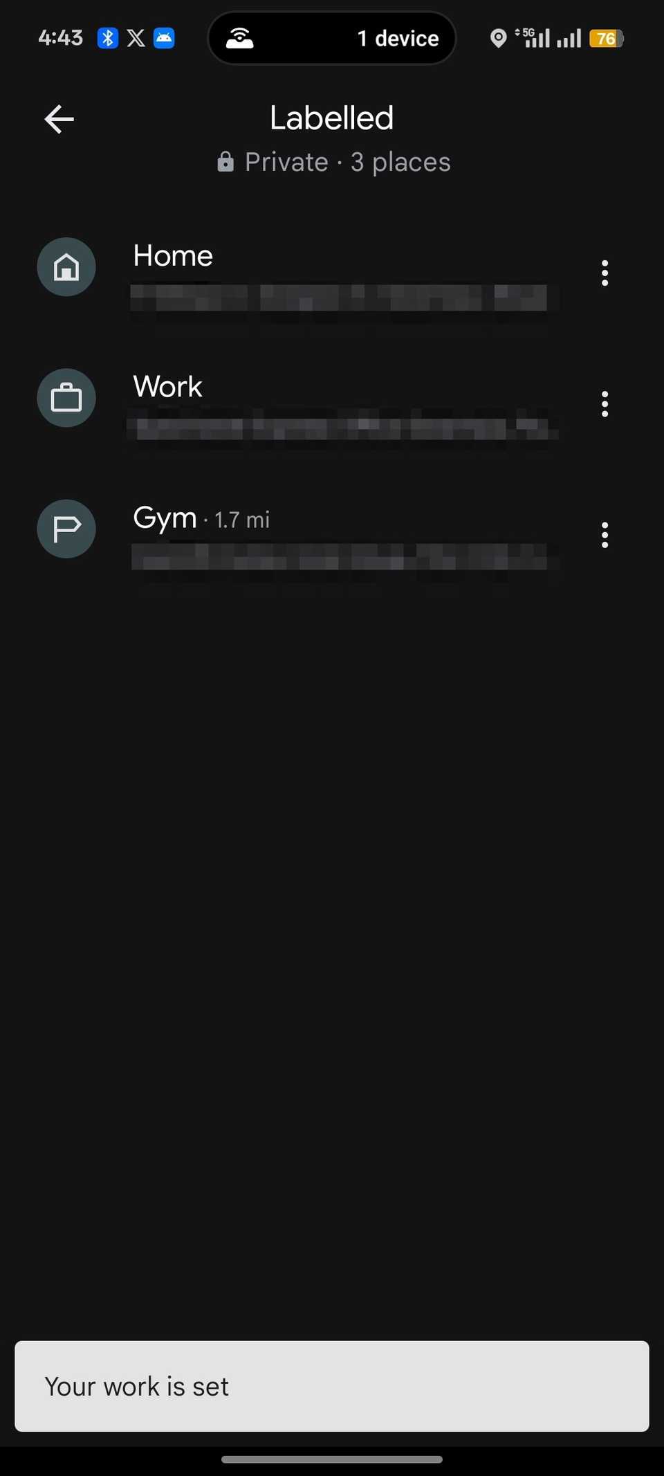Menu showing user home / gym / work locations on Google Maps app