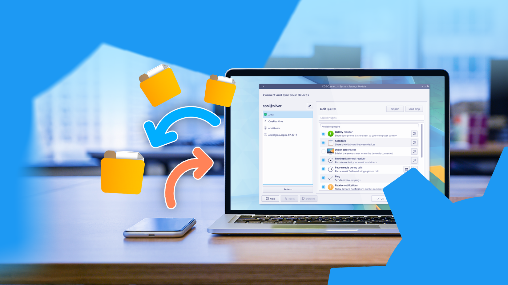 Laptop running KDE Connect with a smartphone next to it, featuring file transfer icons and arrows for Android to PC sharing.