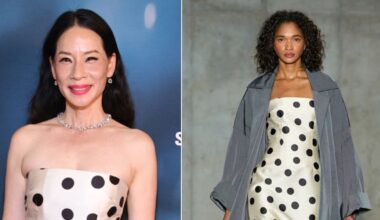 Lucy Liu wears a strapless polka dot dress from Bach Mai's spring 2026 collection, left, and the dress on the runway, right.