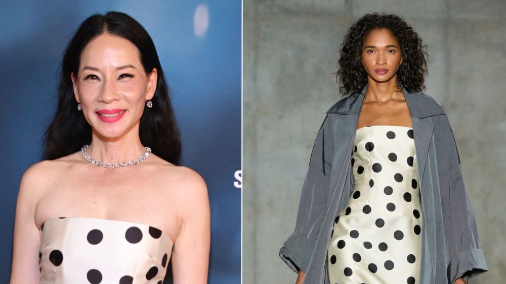 Lucy Liu wears a strapless polka dot dress from Bach Mai's spring 2026 collection, left, and the dress on the runway, right.