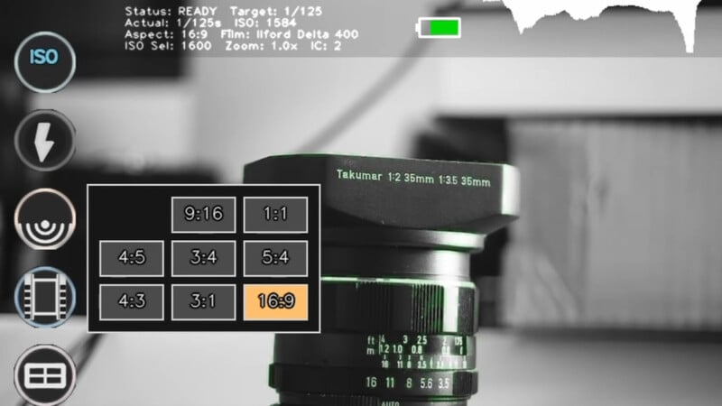 A camera app interface displays various shooting settings over a blurred camera lens. Ratio options are shown, with 16:9 highlighted. Other controls and technical details, like ISO and shutter speed, appear on the screen.