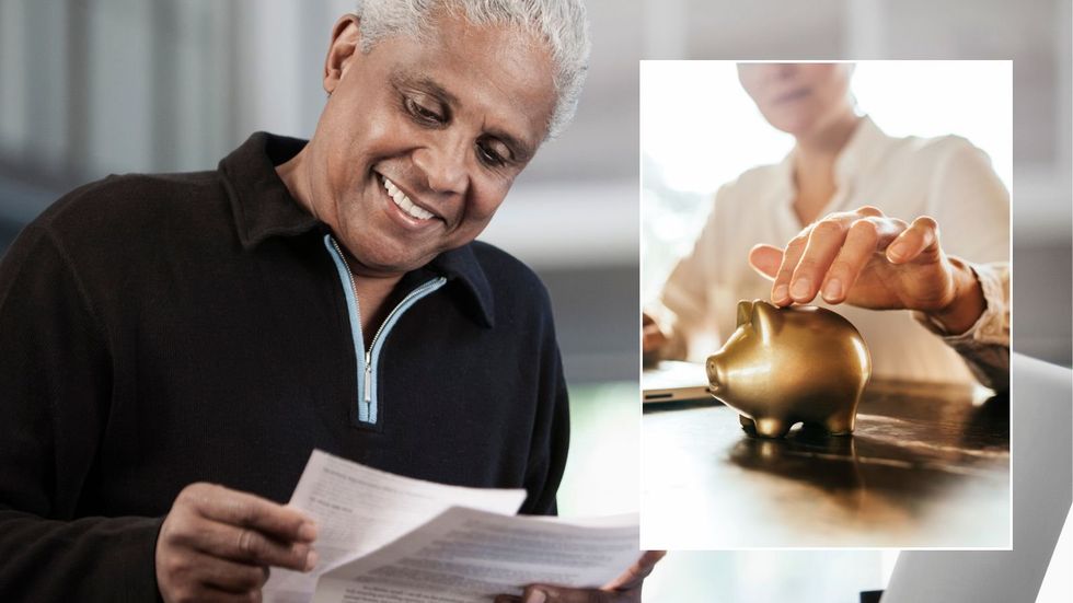 Man looking at letter, woman touching piggy bank