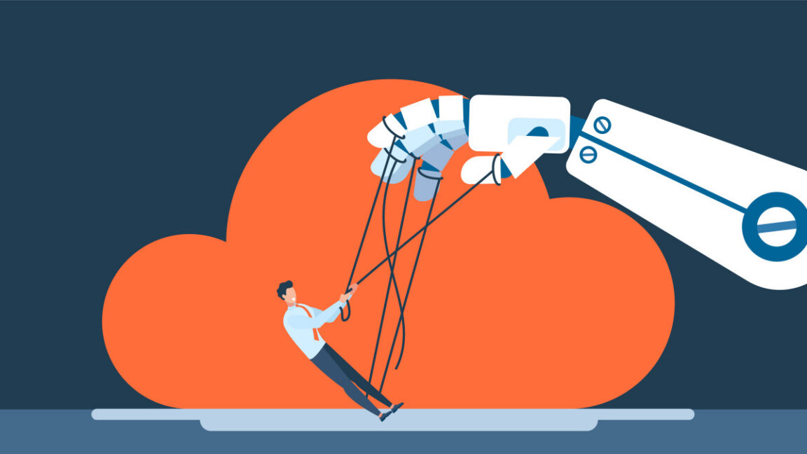 Illustration of a man wrestling with a robot hand.