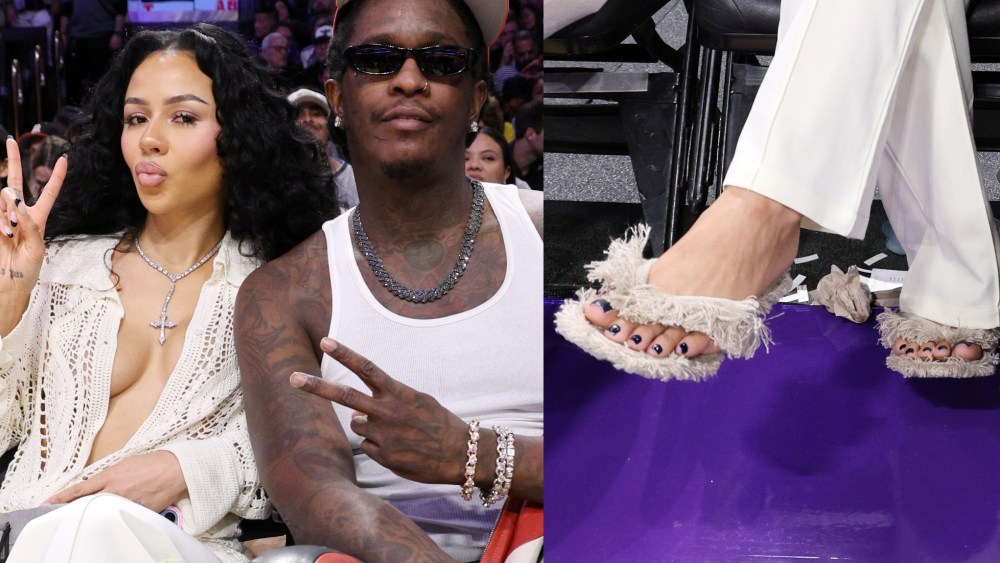 Mariah the Scientist and Young Thug attend a basketball game between the Los Angeles Lakers and the Los Angeles Clippers at Crypto.com Arena on Tuesday in Los Angeles, California.