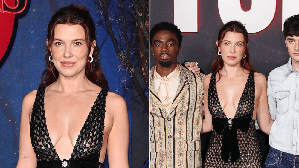 Millie Bobby Brown continues her dark glamour era in a plunging Bronx and Banco mesh gown at Netflix's "Stranger Things" FYC event in Los Angeles on Saturday.