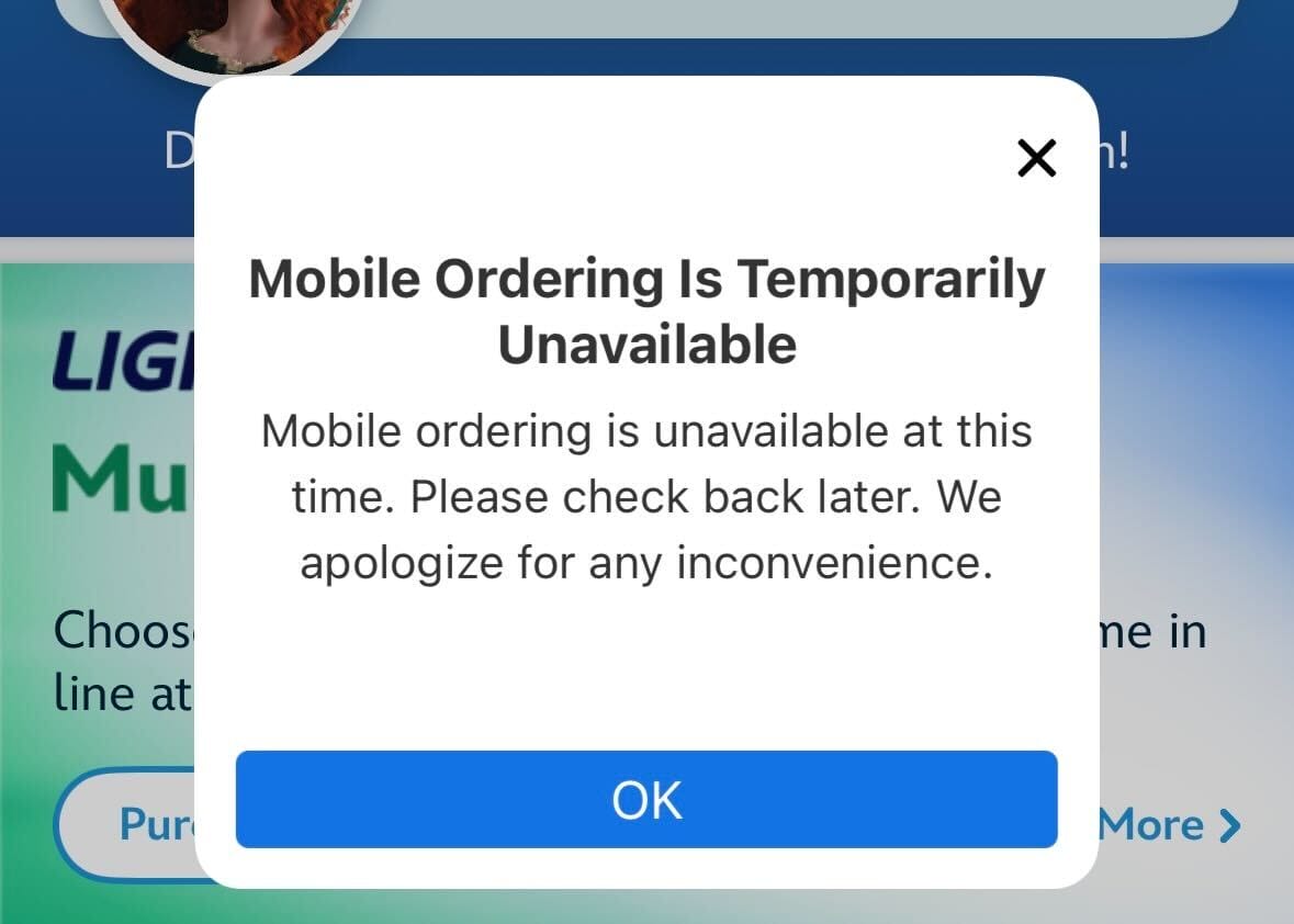 My Disney Experience App Outage for Mobile Ordering at Disney World