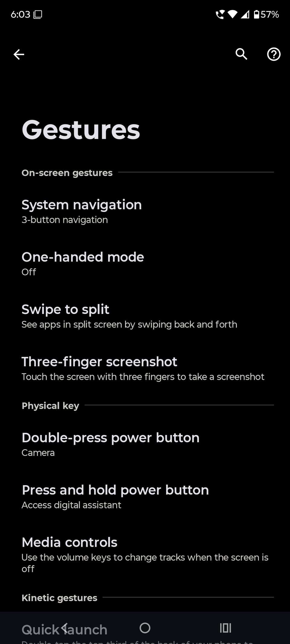 Motorola settings home screen showing different Gesture categories