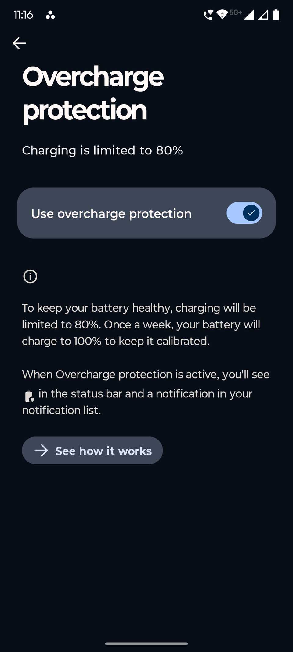 Settings page showing toggle enabling Motorola phone overcharge protection feature