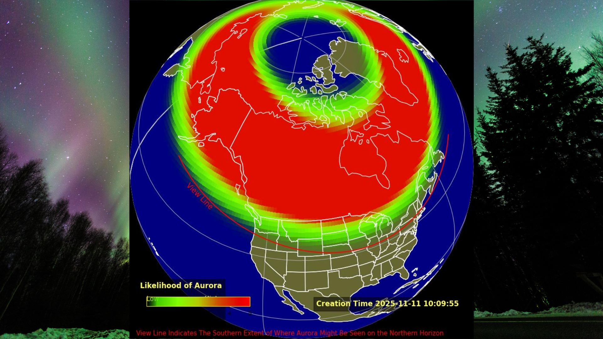 graphic showing the extent of the auroral oval tonight as 21 states could see auroras tonight.