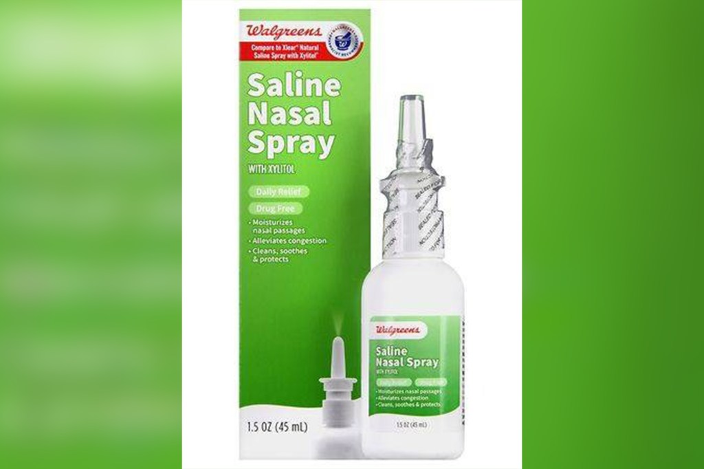 Walgreens Saline Nasal Spray with Xylitol, 1.5 oz (45 mL), displayed with its packaging.