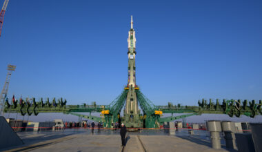 The Soyuz rocket is raised vertical, Monday, Nov. 24, 2025, at site 31 launch pad of the Baikonur Cosmodrome in Kazakhstan. Expedition 74 crewmembers: NASA astronaut Chris Williams, Roscosmos cosmonauts Sergey Kud-Sverchkov and Sergey Mikaev are scheduled to launch aboard their Soyuz MS-28 spacecraft on November 27.