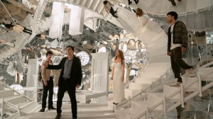 Dominic Sessa as Bosco, Jesse Eisenberg as Daniel Atlas, Isla Fisher as Henley Reeves, and Justice Smith as Charlie in Now You See Me: Now You Don’t. Photo Credit: Katalin Vermes