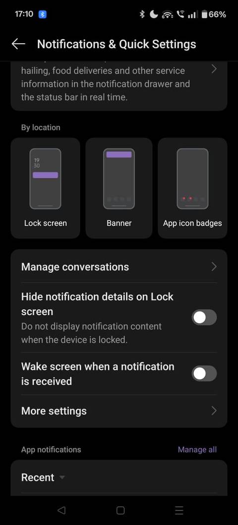 Screenshot showing the Notifications & Quick Settings page