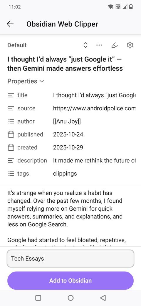 Screenshot of the Obsidian Web Clipper extension