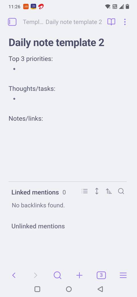 Screenshot of a Daily Notes template in Obsidian