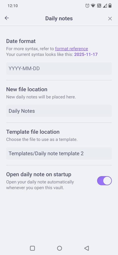 Screenshot of a Daily Notes template settings in Obsidian