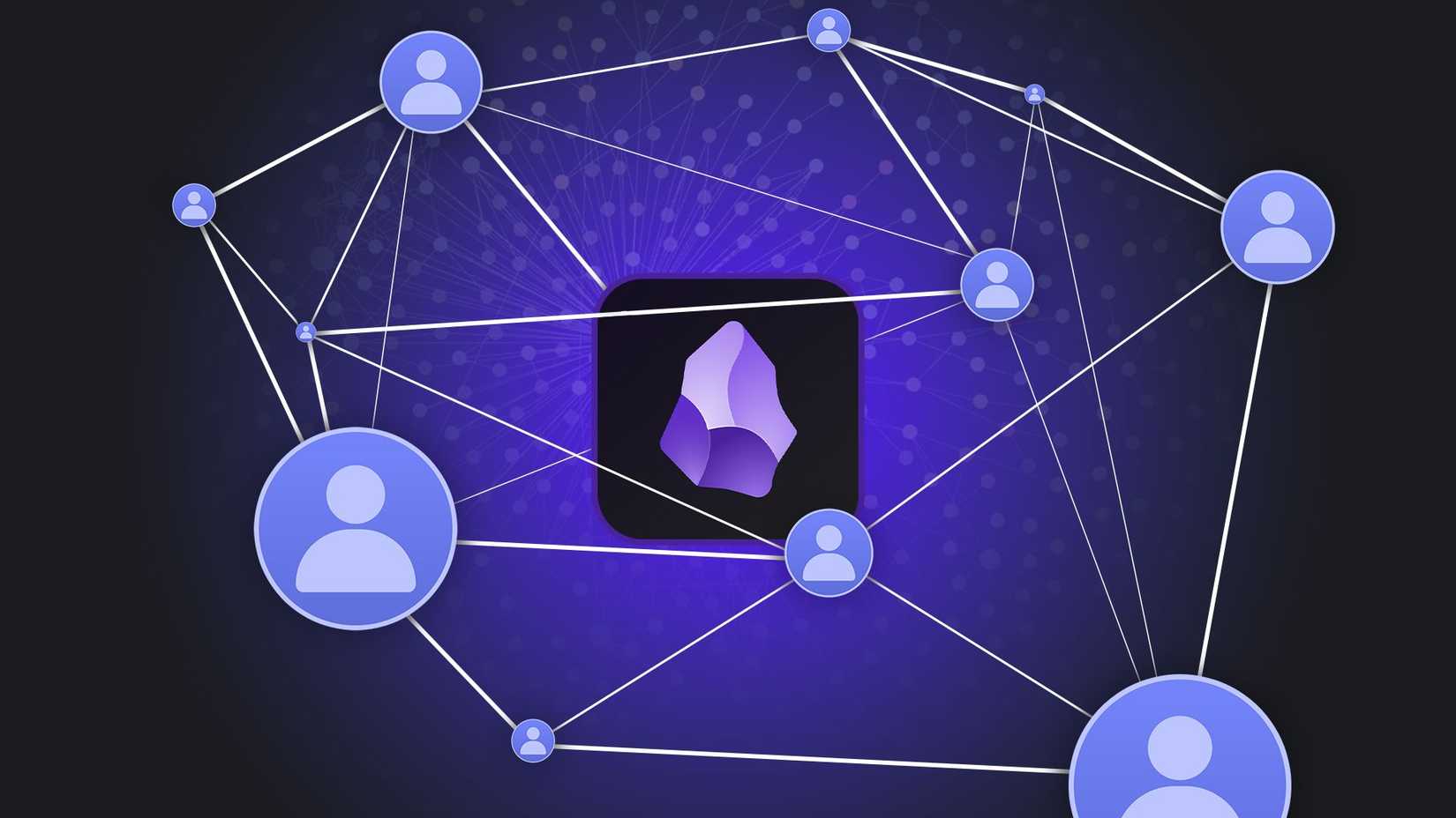 Obsidian logo surrounded by connected user icons on a dark background