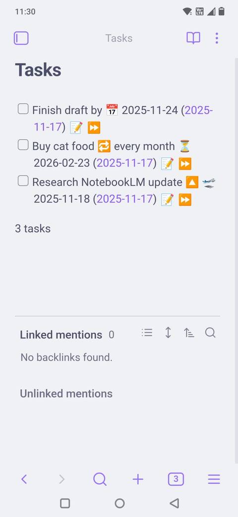 Screenshot showing all the tasks in Obsidian