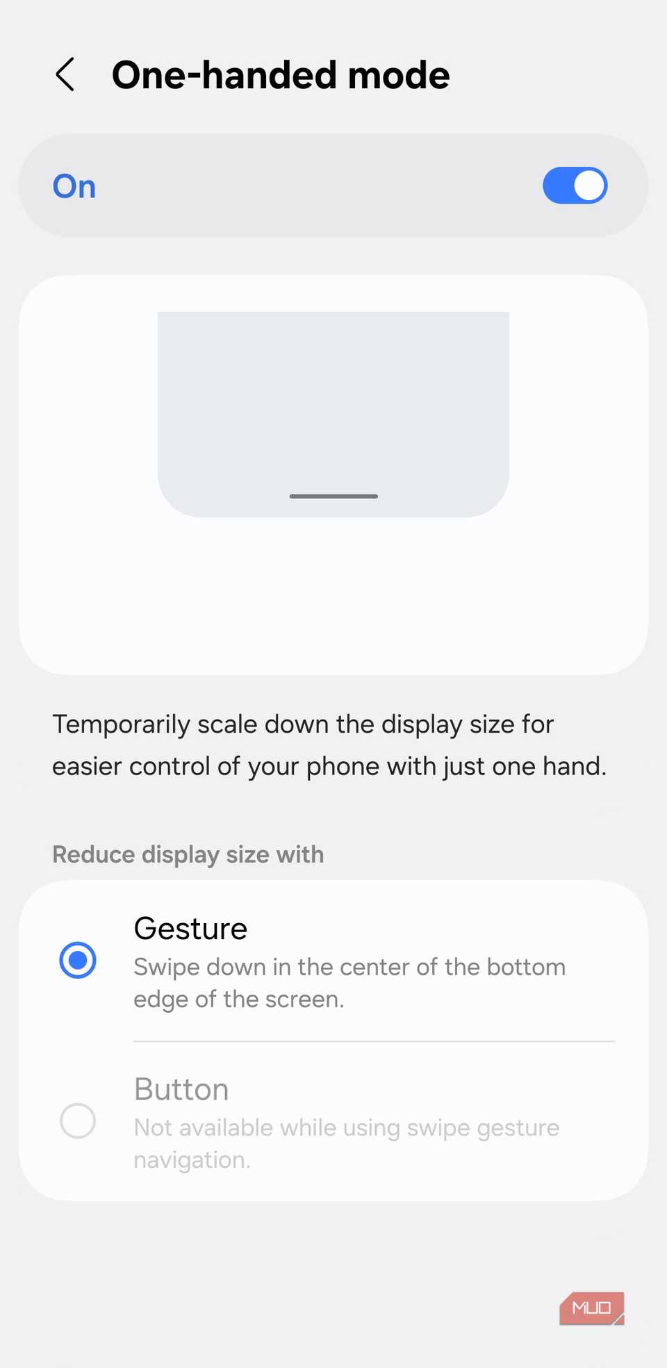 One-handed mode menu on Samsung phone