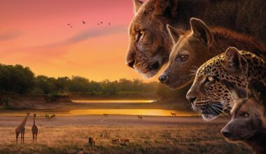 The poster for the new BBC nature series, "Kingdom", featuring a lion, hyena, leopard, and wild dog overlooking a Zambian national park.