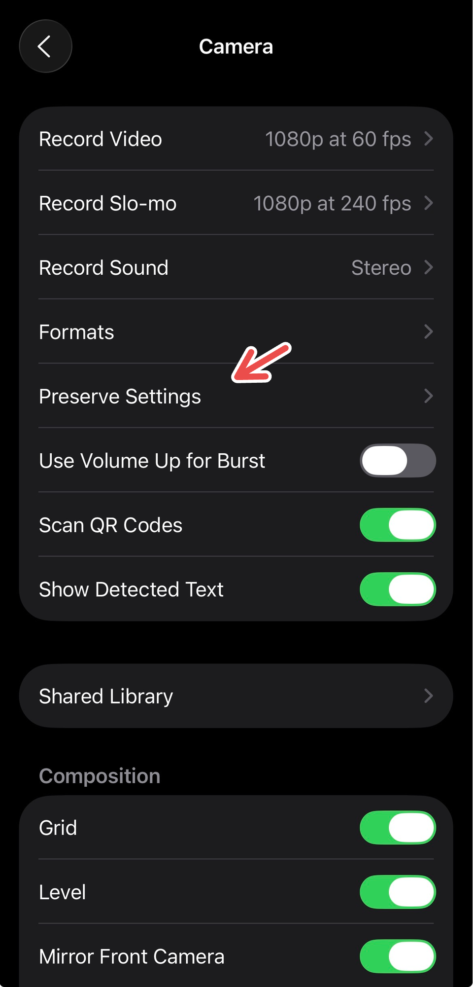 Preserve Settings in iPhone's settings for Camera.