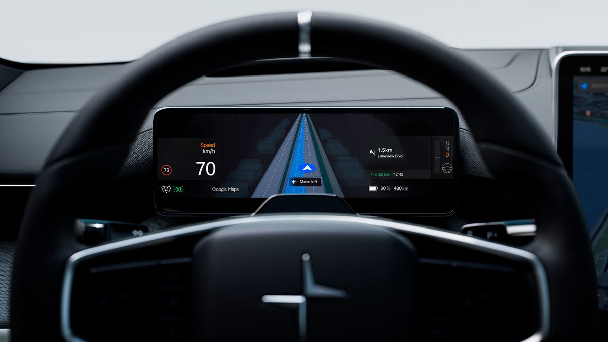 Polestar Google Maps Lane Guidance on drivers display behind steering wheel