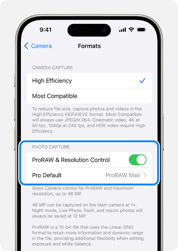 ProRAW settings for Camera on iPhone.