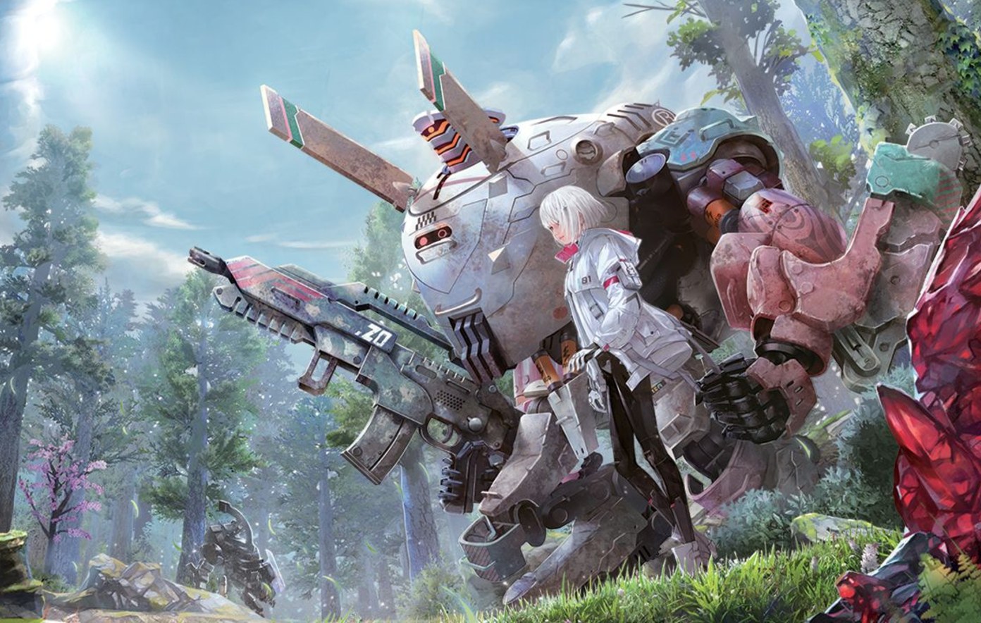 PS Plus December 2025 Games: a mech and a robot humanoid can be seen against a forest-like background.