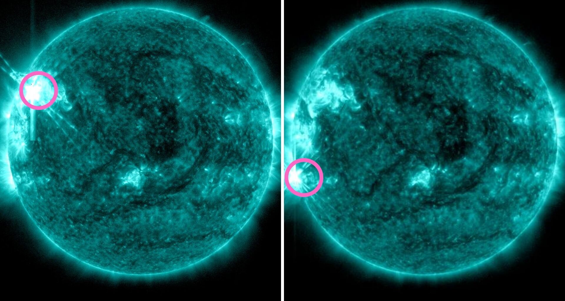 two panel image showing the location of the two X-class solar flares from Nov. 4 2025.