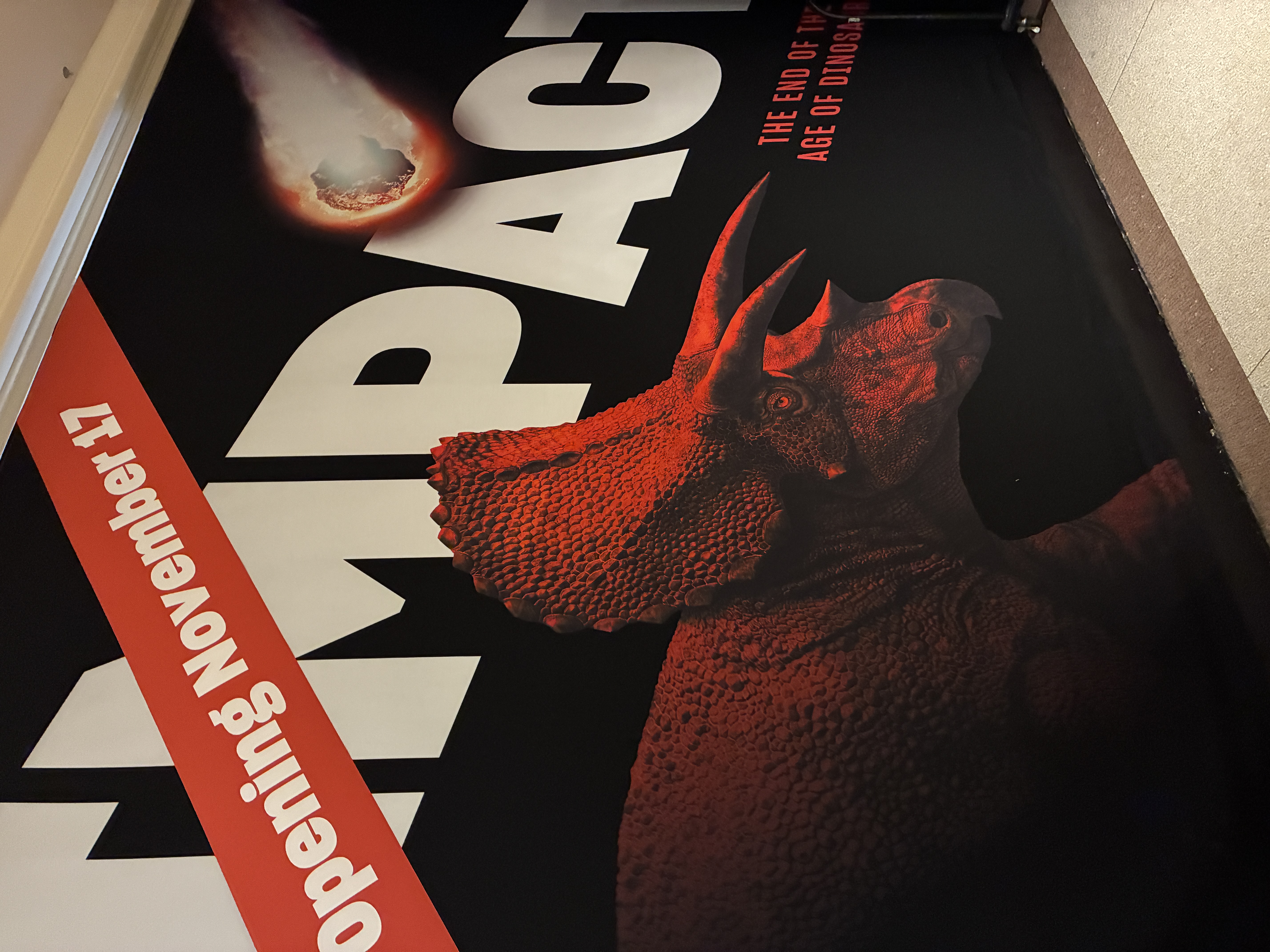 Various posters and dioramas of dinosaurs as part of a museum exhibit