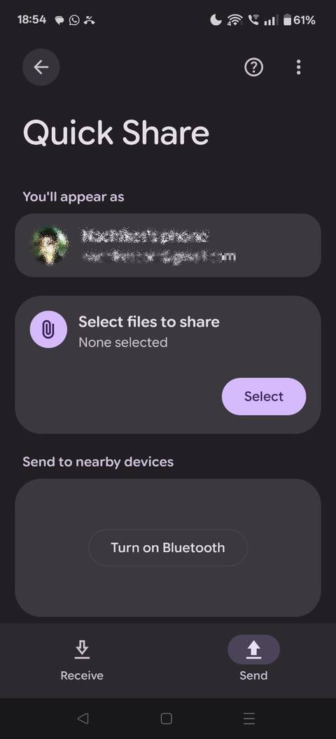 Screenshot showing the Send tab under Quick Share 