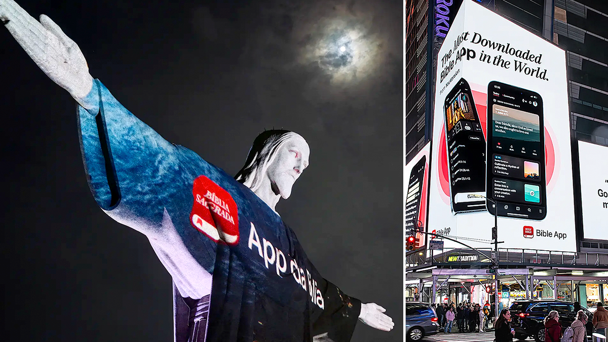 Christ the Redeemer statue with Bible app sign and Bible app ad in Times Square.