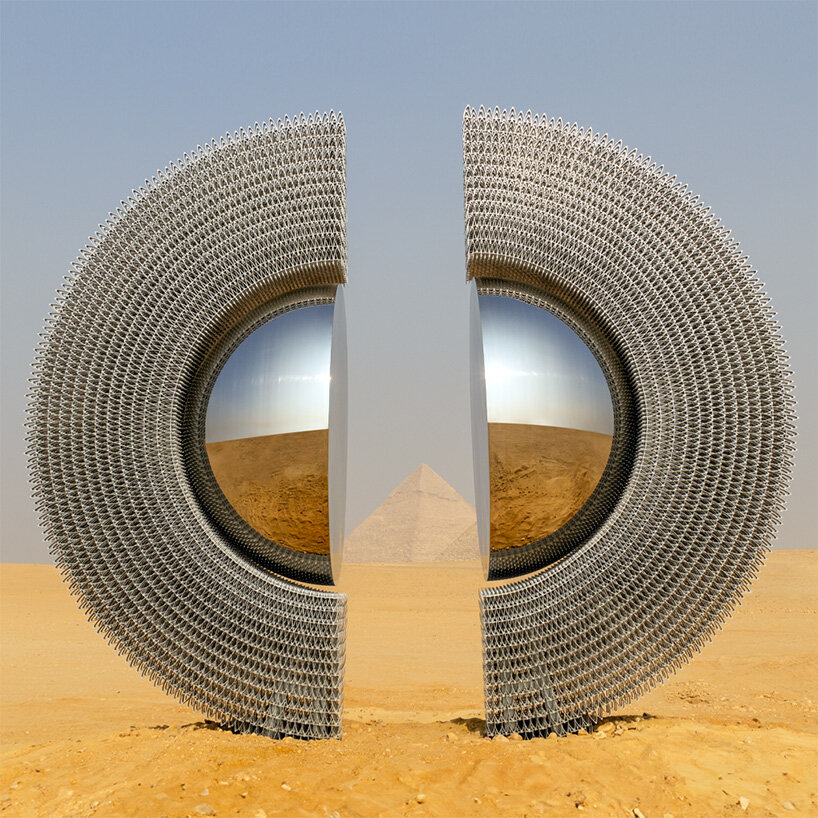 reflective aluminum sculpture by mert ege köse splits apart to frame the giza pyramids