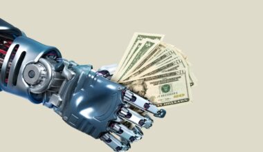 Robot hand holding lots of cash