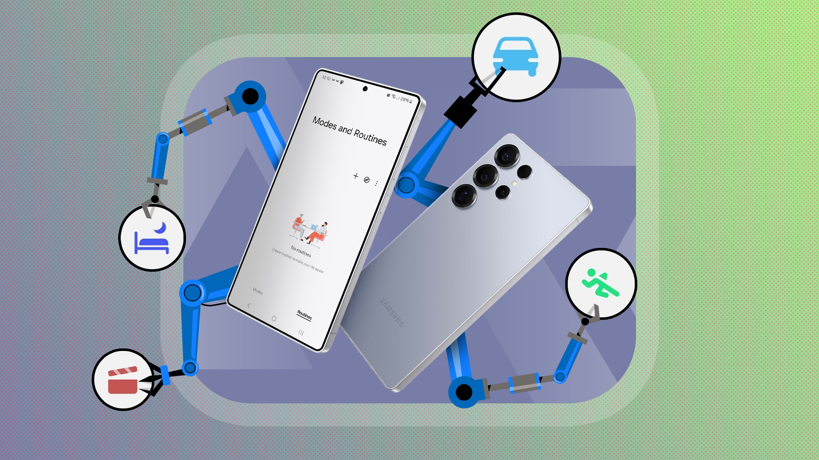 A Galaxy S25 Ultra with robotic arms emerging from behind it, holding some routines icons.