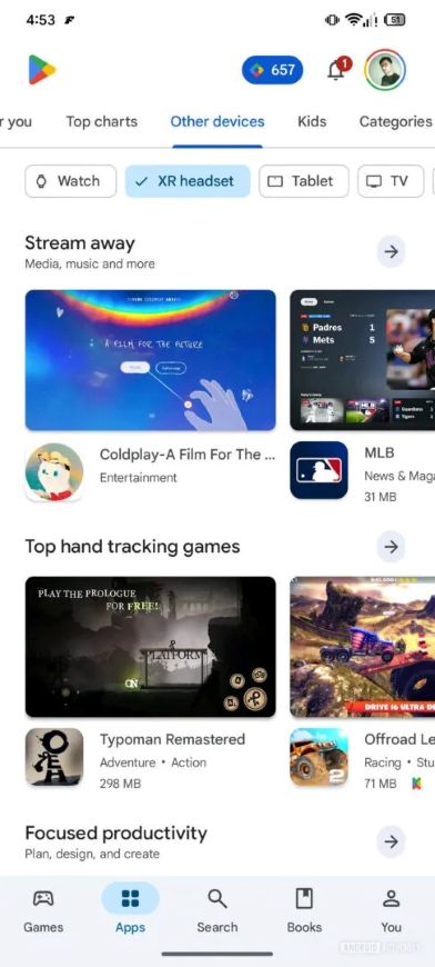 XR headset section in the Play Store