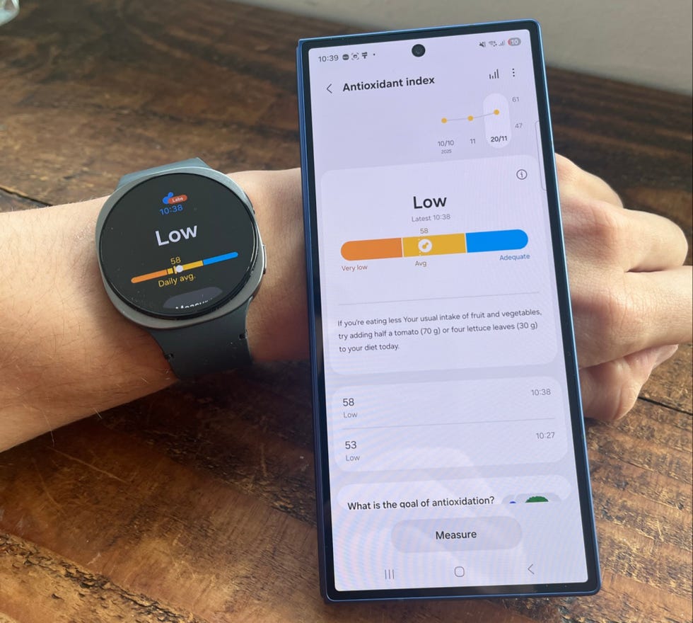an image of a samsung galaxy watch8 and samsung health app showing an antioxidant index score