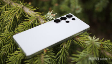 The Samsung Galaxy S25 Ultra laying on top of a tree branch.