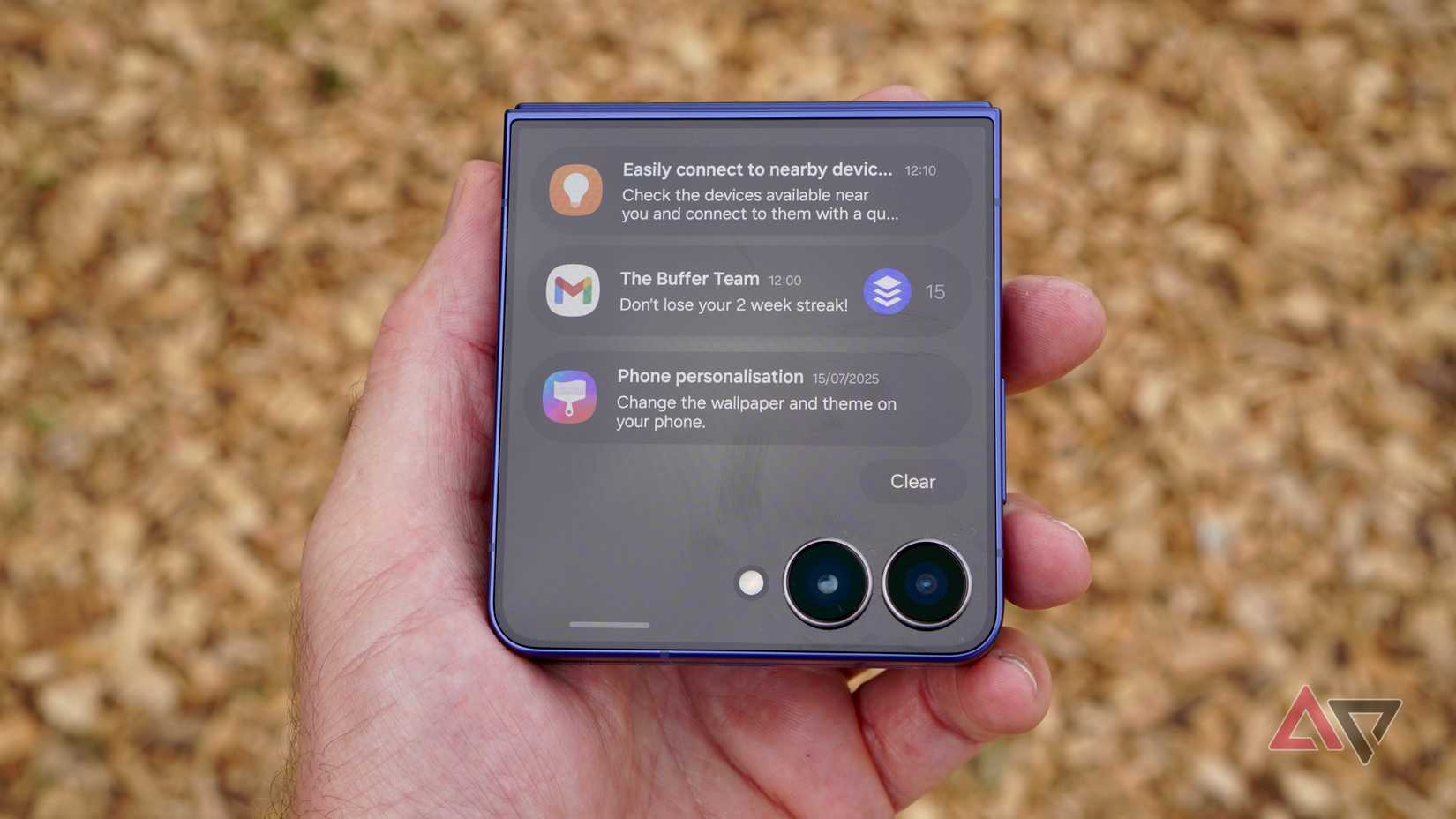 Showing the notifications panel on a Galaxy Z Flip 7 front screen in flip mode