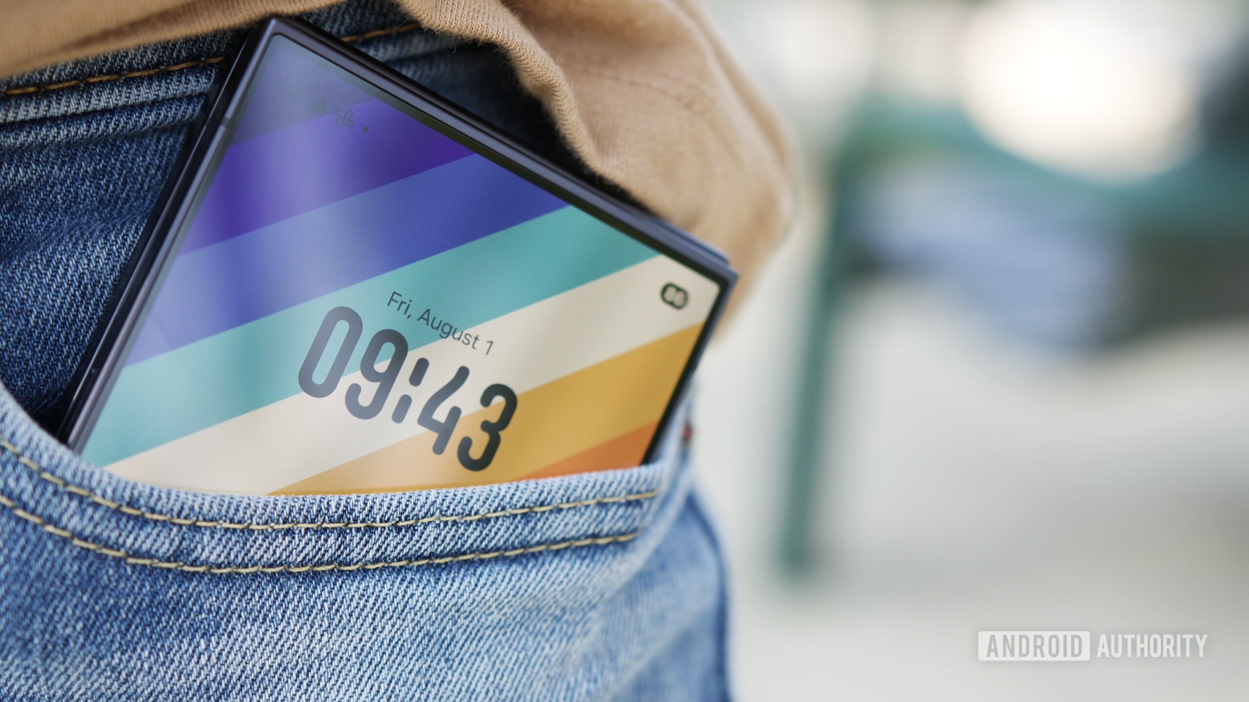 The Galaxy Z Flip 7 sticking out of someone's pocket.