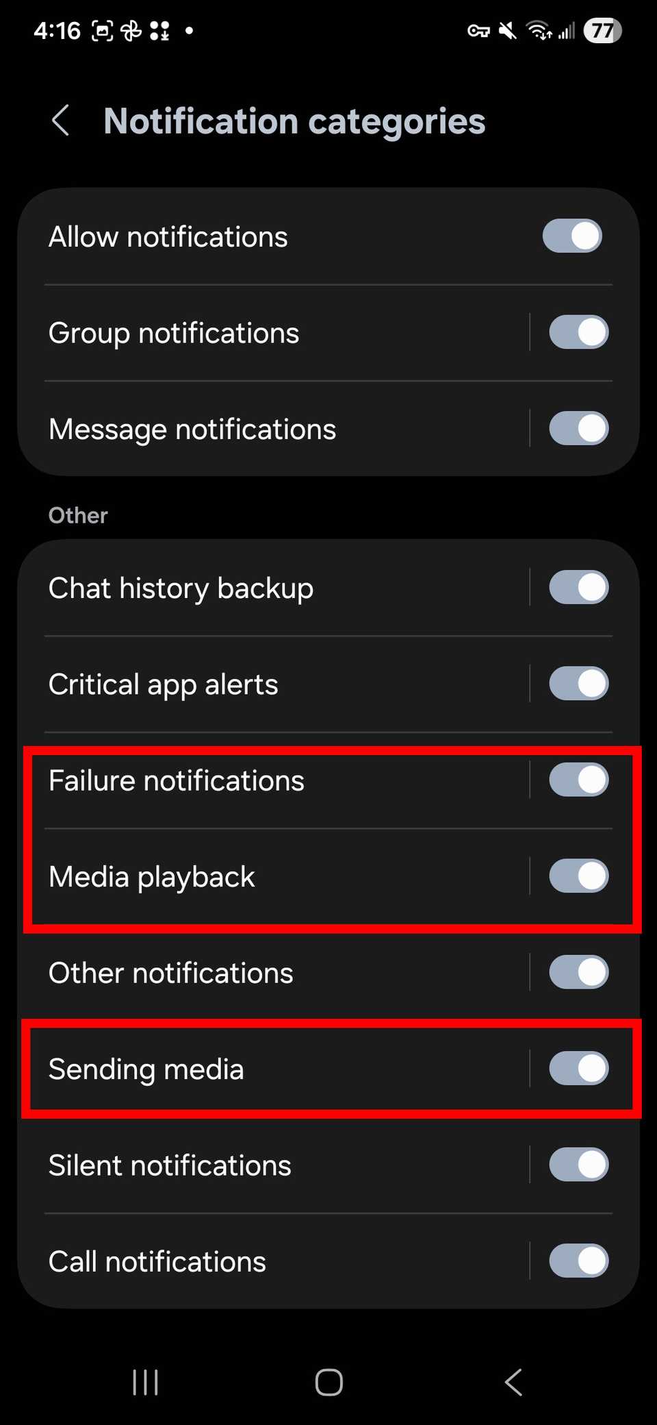 Red rectangle outline highlighting notification categories toggles for WhatsApp in the Other category on One UI 8