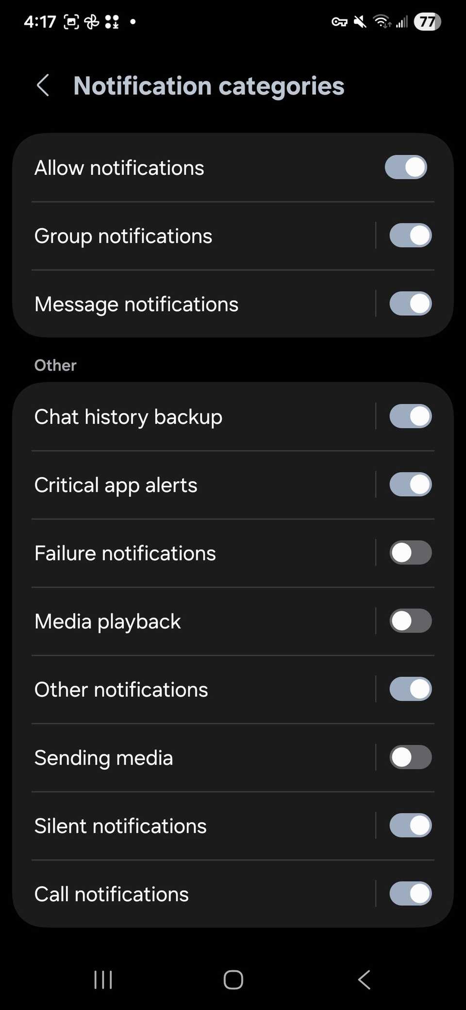 Showing toggled off notification categories for the WhatsApp on One UI 8